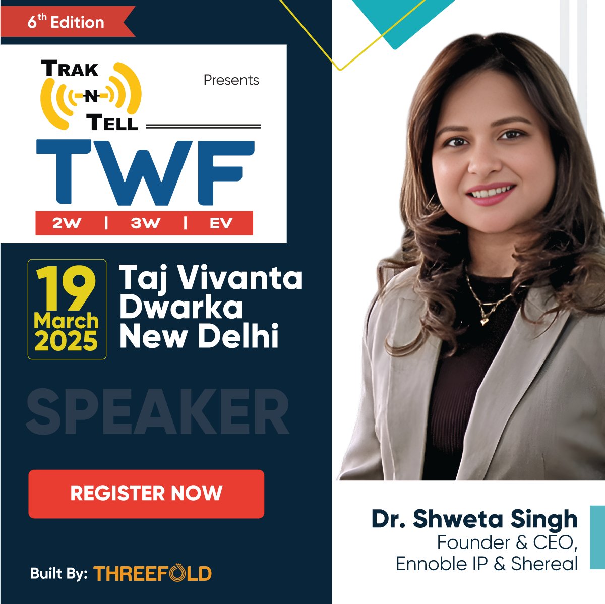 forum_two's tweet image. We’re excited to have Dr. Shweta Singh, Founder &amp;amp; CEO of Ennoble IP, as a speaker at the 6th 2W, 3W &amp;amp; EV Forum on March 19, 2025, at Taj Vivanta, Dwarka, New Delhi!
Get 30% off: bit.ly/495TVtU
Contact: Raghav Shankar – +91 9599881027 | raghav@threefold.in
#twowheeler #EV