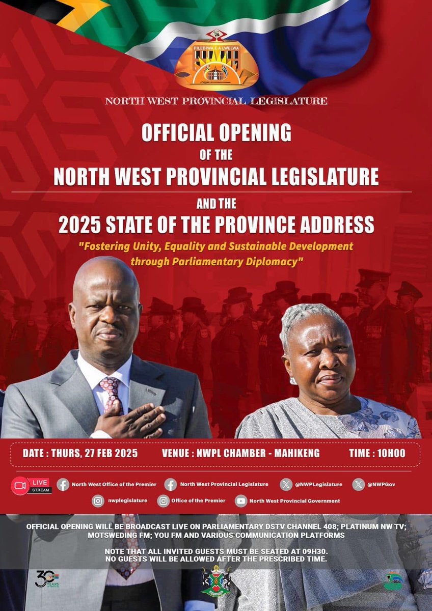 NWPGOV's tweet image. Premier of the North West Province, Lazarus Mokgosi will deliver the 2025 state of the Province Address on 27 February 2025 at the Official Opening of the Provincial Legislature. #NWPG #NWPL #SOPA2025 #ServiceDelivery #LeaveNoOneBehind #LetsGrowNorthWestTogerher