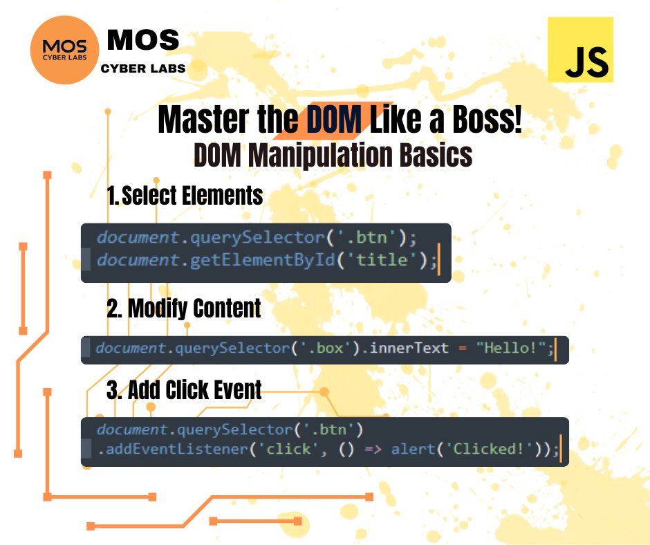 MOSCyberLabs's tweet photo. Master the DOM Like a Boss!
The DOM (Document Object Model) is like a bridge between your JavaScript code and the webpage. It lets you select, modify, and interact with elements dynamically, no need to reload the page!

#JavaScript #WebDevelopment #moscyberlabs

@MOSCyberLabs https://t.co/EgnT1BEWFv