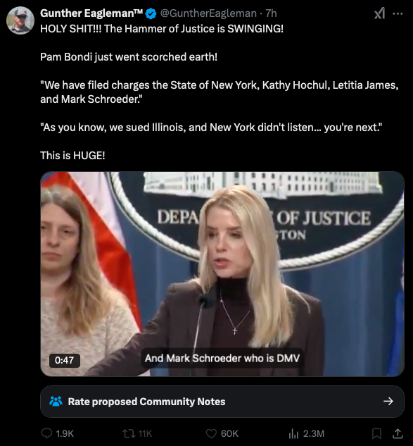 SkylineReport's tweet image. This is a fucking blatant and deliberate act of disinformation from someone who should goddamn know better. An Attorney General—one of the top legal officials in the country—doesn’t just “accidentally” confuse criminal charges with a civil lawsuit. The distinction is fucking…