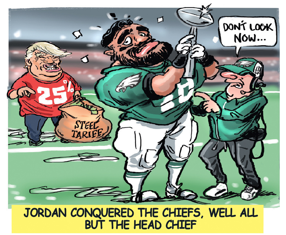 BooBaileyTele's tweet photo. Sometimes even when you win ...you lose. Congrats to #JordanMailata on his #SuperBowlLIX success, but unfortunately due to @realDonaldTrump it comes at a price. A taste of my sportcon toons @telegraph_sport @MCarayannis and @brentread_7 #PhiladelphiaEagles https://t.co/GTXEdxi82e