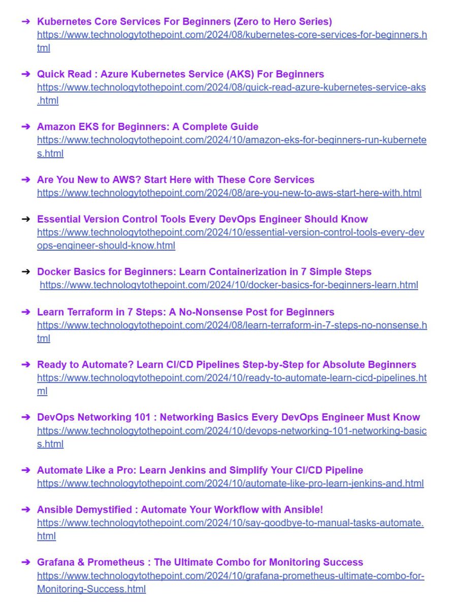 12 Quick Posts (for DevOps Beginners)  🔥🔥

🔹Kubernetes for absolute beginners
technologytothepoint.com/2024/08/kubern…

🔹AKS: Azure Kubernetes Service
technologytothepoint.com/2024/08/quick-…

🔹Amazon EKS for Beginners
technologytothepoint.com/2024/10/amazon…

🔹AWS Core Services for Beginners
technologytothepoint.com/2024/08/are-yo…