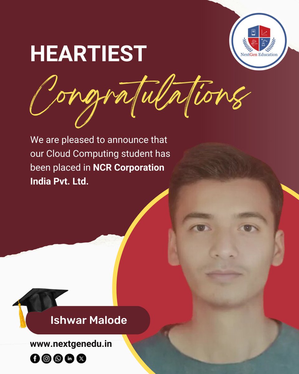 NextGenEdu_Pune's tweet photo. 𝗣𝗹𝗮𝗰𝗲𝗺𝗲𝗻𝘁 𝗡𝗲𝘄𝘀 !!🎓Heartiest Congratulations..💐💐Mr. Ishwar Malode. We are pleased to announce that our 𝗖𝗹𝗼𝘂𝗱 𝗖𝗼𝗺𝗽𝘂𝘁𝗶𝗻𝗴 student has been placed. Stay tuned for more updates and join us in congratulating on this fantastic achievement!🌟 #placement2025 https://t.co/vndN2eruC4