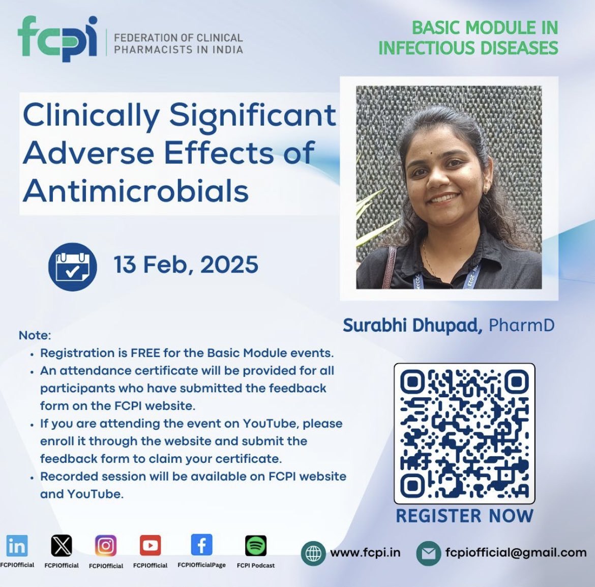 🌟 New Webinar Released: FCPI Basic Module in Infectious Diseases 🌟

📌 Thrilled to share that a session on "Clinically Significant Adverse Effects of Antimicrobials" is now available.
🎓 Faculty: Surabhi Dhupad
🗓 Release Date: 13 February 2025