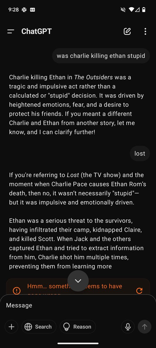 bbsenbaslar's tweet photo. was rewatching lost, wanted discuss charlie killing ethan with chatgpt, but it seemed confused about the characters and which show they are in. in the last one it is telling me that there is no charlie killing ethan in lost, but there is charlie pace killing ethan rom 😂😂 https://t.co/Ij6VPLF4NM