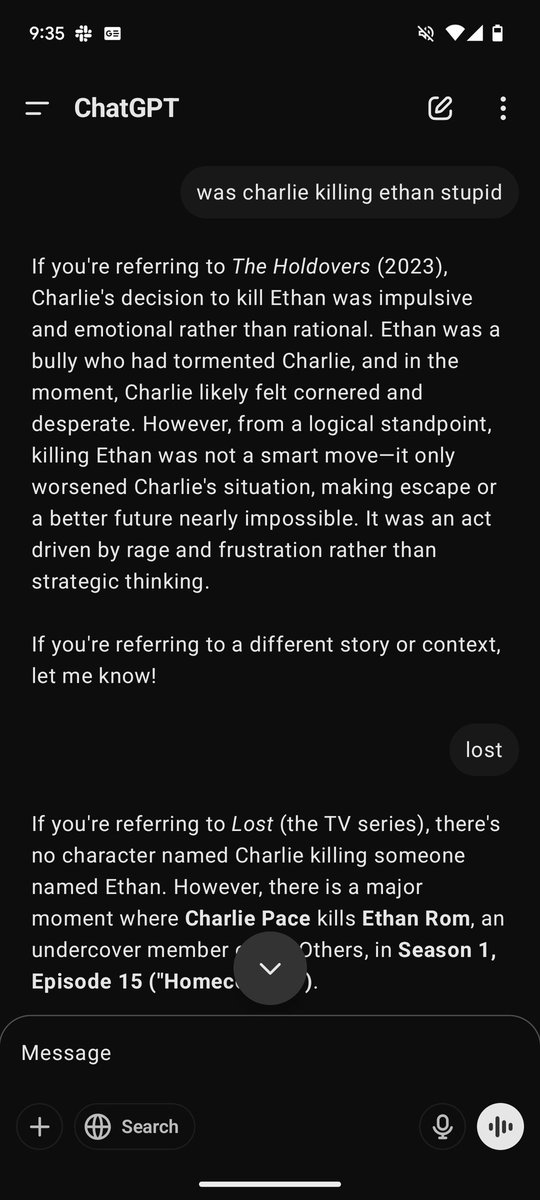 bbsenbaslar's tweet photo. was rewatching lost, wanted discuss charlie killing ethan with chatgpt, but it seemed confused about the characters and which show they are in. in the last one it is telling me that there is no charlie killing ethan in lost, but there is charlie pace killing ethan rom 😂😂 https://t.co/Ij6VPLF4NM