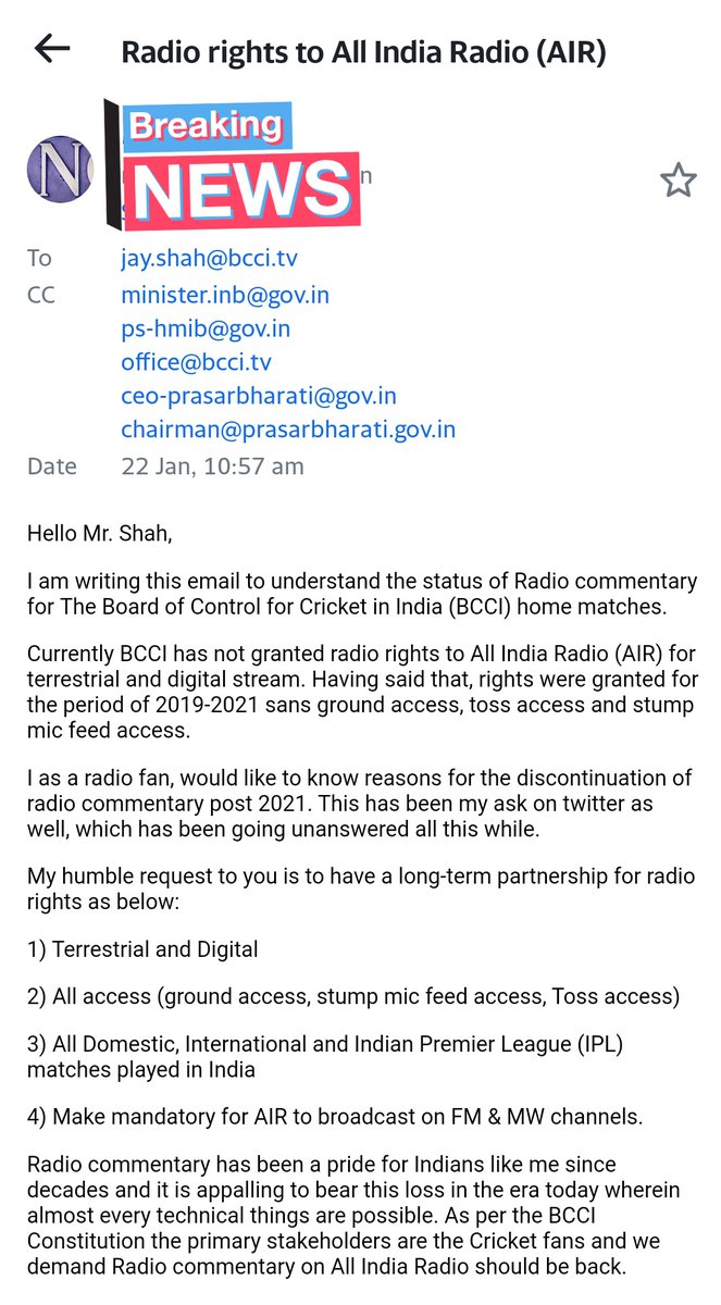 NikLim01's tweet photo. @Munna__Kumar @zeeshan_naiyer @somnath20094585 @BCCI @AkashvaniAIR @SGanguly99 @JayShah @sssp1992 @Moulinparikh @akashvanisports @prasarbharati @MIB_India @oyeekd @vivek84807819 @ImKrishnaDubey @IPL @ianuragthakur @ShuklaRajiv @ThakurArunS @KirenRijiju @narendramodi @GauravDwivedi95 @cricketcomau @Cricket_TS @1116sen @AshwiniVaishnaw @navneetsehgal3 5+ YEARS FOLLOW UP
@AshwiniVaishnaw @navneetsehgal3 @GauravDwivedi95,
@akashvanisports not given π» RIGHTS,with all access for #homematches #IPL #WPL
@ThakurArunS @ShuklaRajiv?
#INDvENG was on #TalkSport
do care for Indian π» fans? How do they get rights? https://t.co/7s2GMpq74o