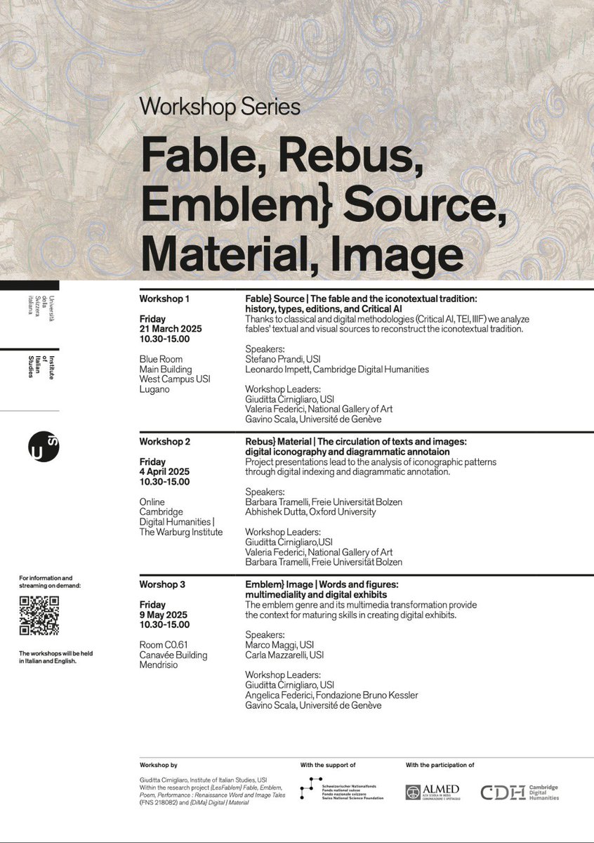 🚀 Scopri il ciclo di workshop sulle Digital Humanities all’USI! 🎭📖
📅 Date chiave:
🔹 21 marzo 2025 – Fable 📍 USI Lugano
🔹 4 aprile 2025 – Rebus 📍 Online
🔹 9 maggio 2025 – Emblem 📍 USI Mendrisio
🗣 Lingua Inglese
📩 Iscrizioni→ giuditta.cirnigliaro@usi.ch