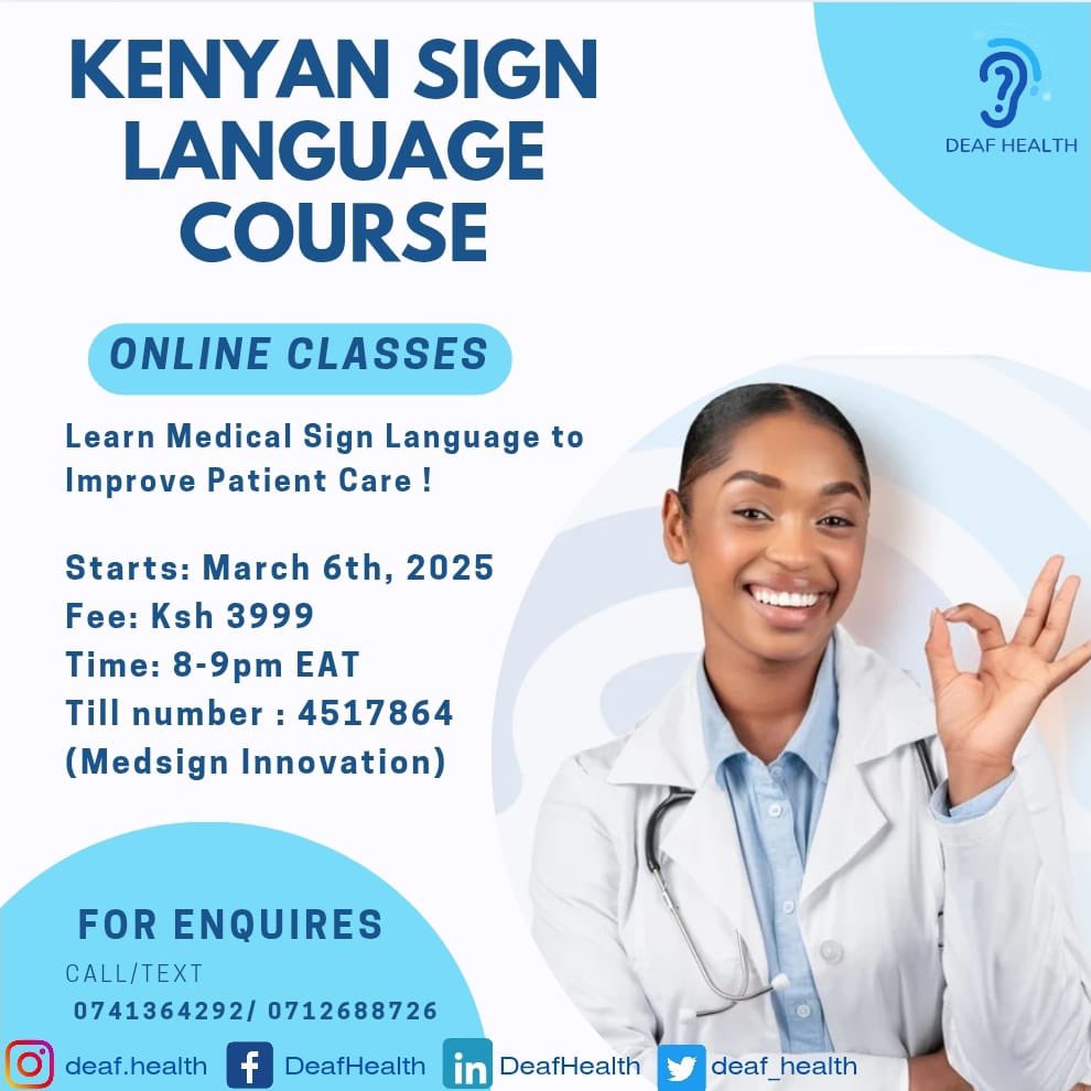deaf_health's tweet photo. Deafhealth is finally at Kenyatta University 

For just KSH 3999, you may learn critical KSL skills and communicate effectively with the Deaf population. 

With this form you have the option to sign up for either the online classes or the physical classes. https://t.co/WckzaYyKxt