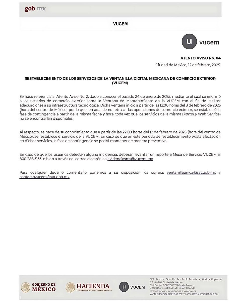 EVIConsultores's tweet photo. ⚠️ MANTENTE AL DÍA

📢 Se publica Aviso de la SHCP mediante el cual se dio a conocer que a partir de las 22:00 horas de éste 12 de febrero de 2025 (hora del centro de México), se restableció el servicio de la #VUCEM 

#EVICO #ComercioExterior #ContingenciaVUCEM #Aduanas #ANAM https://t.co/UcLkH1QZhZ