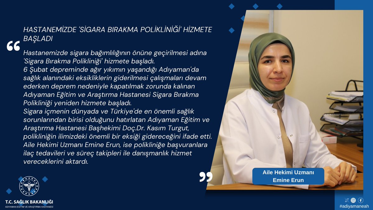 adiyamaneah's tweet photo. Hastanemizde sigara bağımlılığının önüne geçirilmesi adına 'Sigara Bırakma Polikliniği' hizmete başladı.
.
Haberin Devamı İçin ⤵
.
https://t.co/xzyRuDY1JD
.
.
#SigaraBırakmaPolikliniği #DocDrKasımTurgut #Hekim https://t.co/bDuHhK9yBb