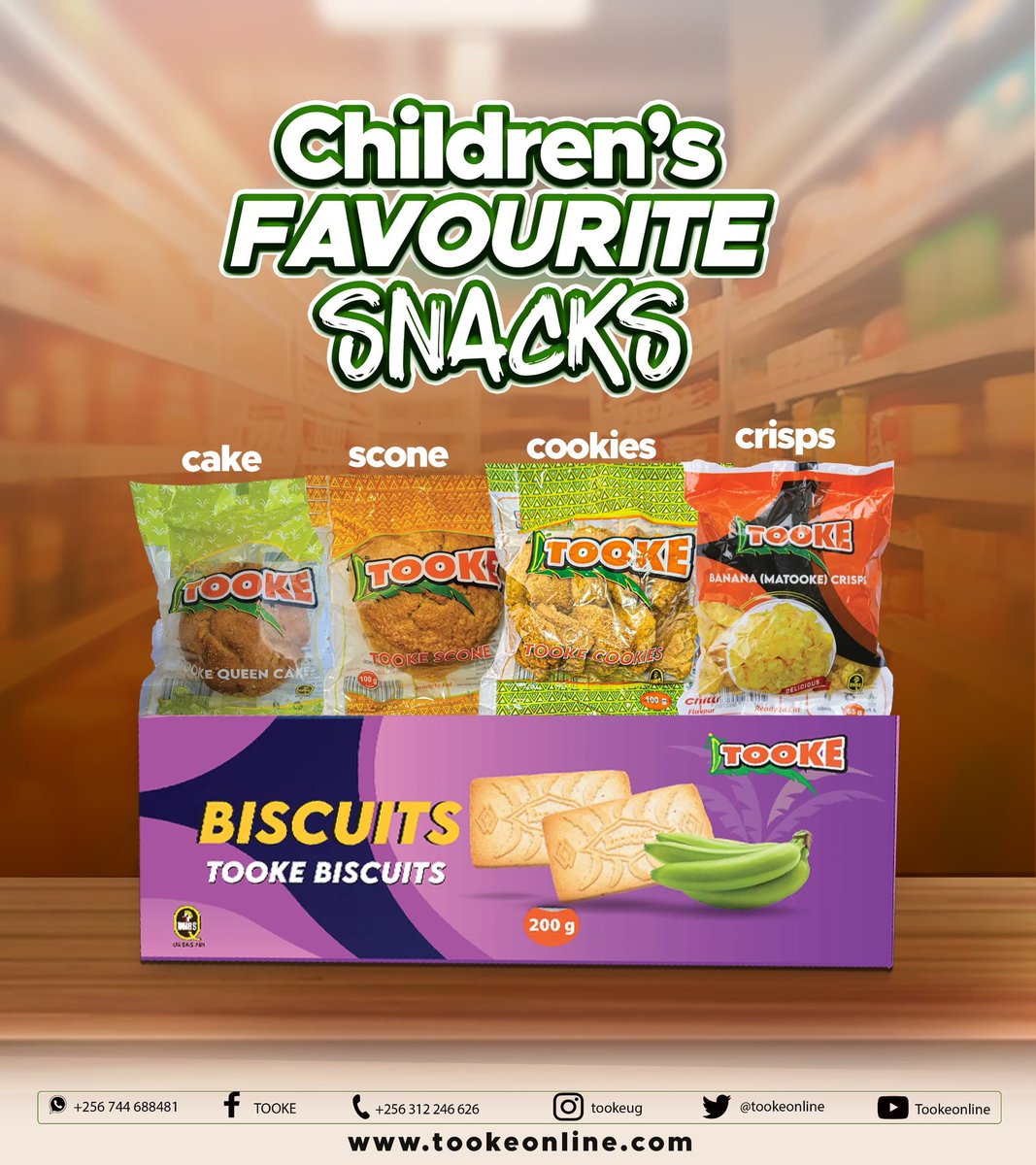tookeonline's tweet photo. "Delicious and Nutritious!
@tookeonline Snacks readily available on the market.
A Tasty Treat for Every Child!
Enjoy cakes, scones, cookies, crisps, and biscuits made from nutritious green bananas.
#GreenBananaValueAddition
#TookeSnacks
#ChildrenEnjoyTookeProducts
#TOOKE https://t.co/0A6y1wmqcK