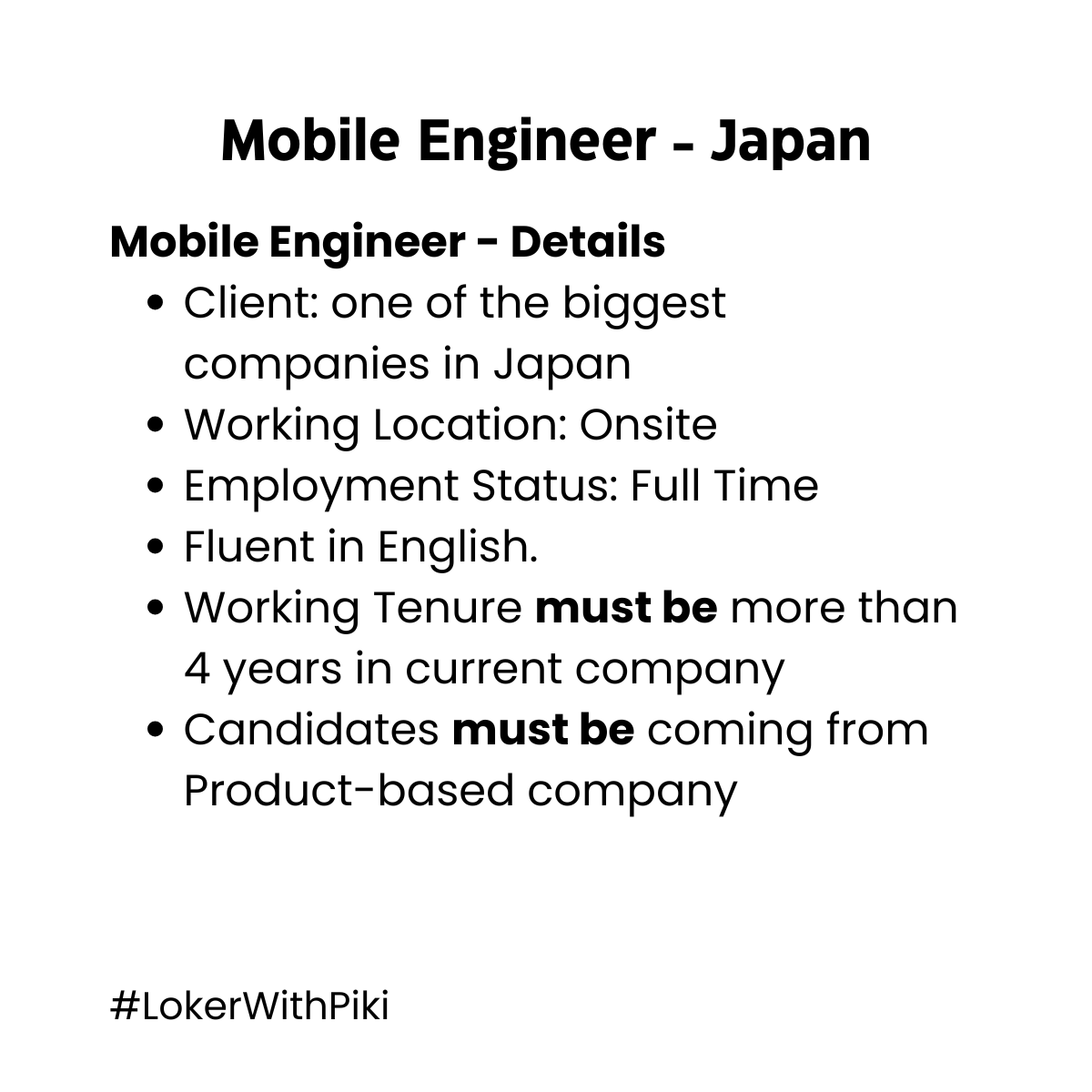vickyfarhan95's tweet photo. @primawansatrio @ezash @hrdbacot @myassirullah @ditoks Okeh, baru selesai buat detail kontennya. Berikut aku share #lokercot #mobileengineers yg relocate ke Jepang.
Perlu diinget bahwa yang "must be" itu non-negotiable.
#techjobs https://t.co/dnpdB9FEom