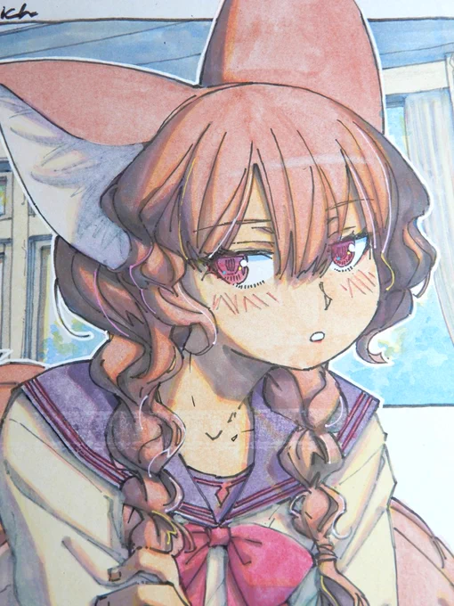 【アナログ2261:まどろみの教室】ゆるい三つ編みとぼんやり眼。久しぶりに一日で一枚描いた。5時間半くらい。セーラー服も珍しいです。#水彩 #原画 #色紙 #狐娘 #セーラー服 