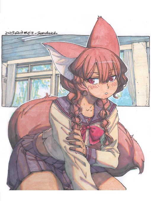 【アナログ2261:まどろみの教室】ゆるい三つ編みとぼんやり眼。久しぶりに一日で一枚描いた。5時間半くらい。セーラー服も珍しいです。#水彩 #原画 #色紙 #狐娘 #セーラー服 