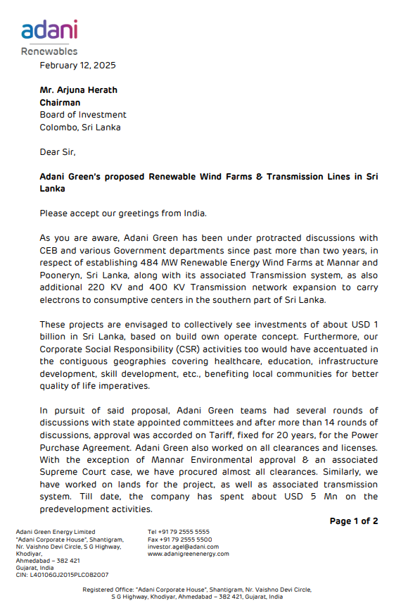 rangaba's tweet photo. ALERT:  @AdaniOnline pulls out of a 484MW wind power plant in Mannar after the @anuradisanayake administration sought to renegotiate the US$ 0.0826 per kilowatt power-purchase deal.  Only last month, @gautam_adani said they want to invest $1bn in renewables in Sri Lanka. https://t.co/L2NLGbwnmU