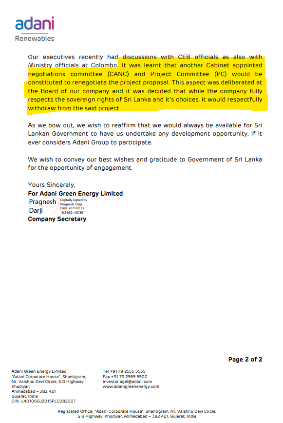 ALERT:  <a href="/AdaniOnline/">Adani Group</a> pulls out of a 484MW wind power plant in Mannar after the <a href="/anuradisanayake/">Anura Kumara Dissanayake</a> administration sought to renegotiate the US$ 0.0826 per kilowatt power-purchase deal.  Only last month, <a href="/gautam_adani/">Gautam Adani</a> said they want to invest $1bn in renewables in Sri Lanka.