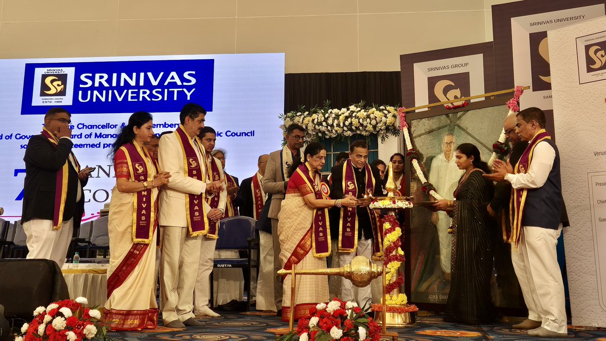 SrinivasVarsity's tweet photo. #SrinivasUniversity 7th Annual Convocation! A proud moment as graduates step into a new journey. Presided by Dr. CA A. Raghavendra Rao with Dr. Prof. P. L. Dharma as Chief Guest. Honored by esteemed trustees &amp; faculty.

Congrats, Class of 2025! 

#Convocation2025 #GraduationDay https://t.co/AM67H07uin