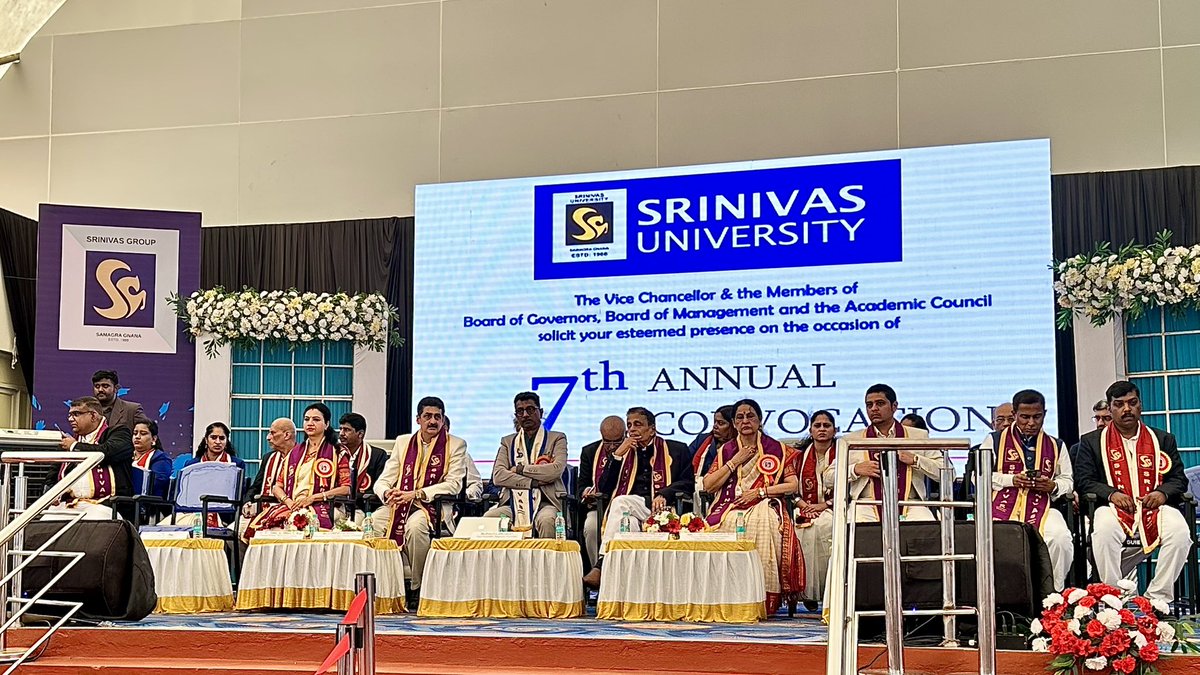 SrinivasVarsity's tweet photo. #SrinivasUniversity 7th Annual Convocation! A proud moment as graduates step into a new journey. Presided by Dr. CA A. Raghavendra Rao with Dr. Prof. P. L. Dharma as Chief Guest. Honored by esteemed trustees &amp; faculty.

Congrats, Class of 2025! 

#Convocation2025 #GraduationDay https://t.co/AM67H07uin