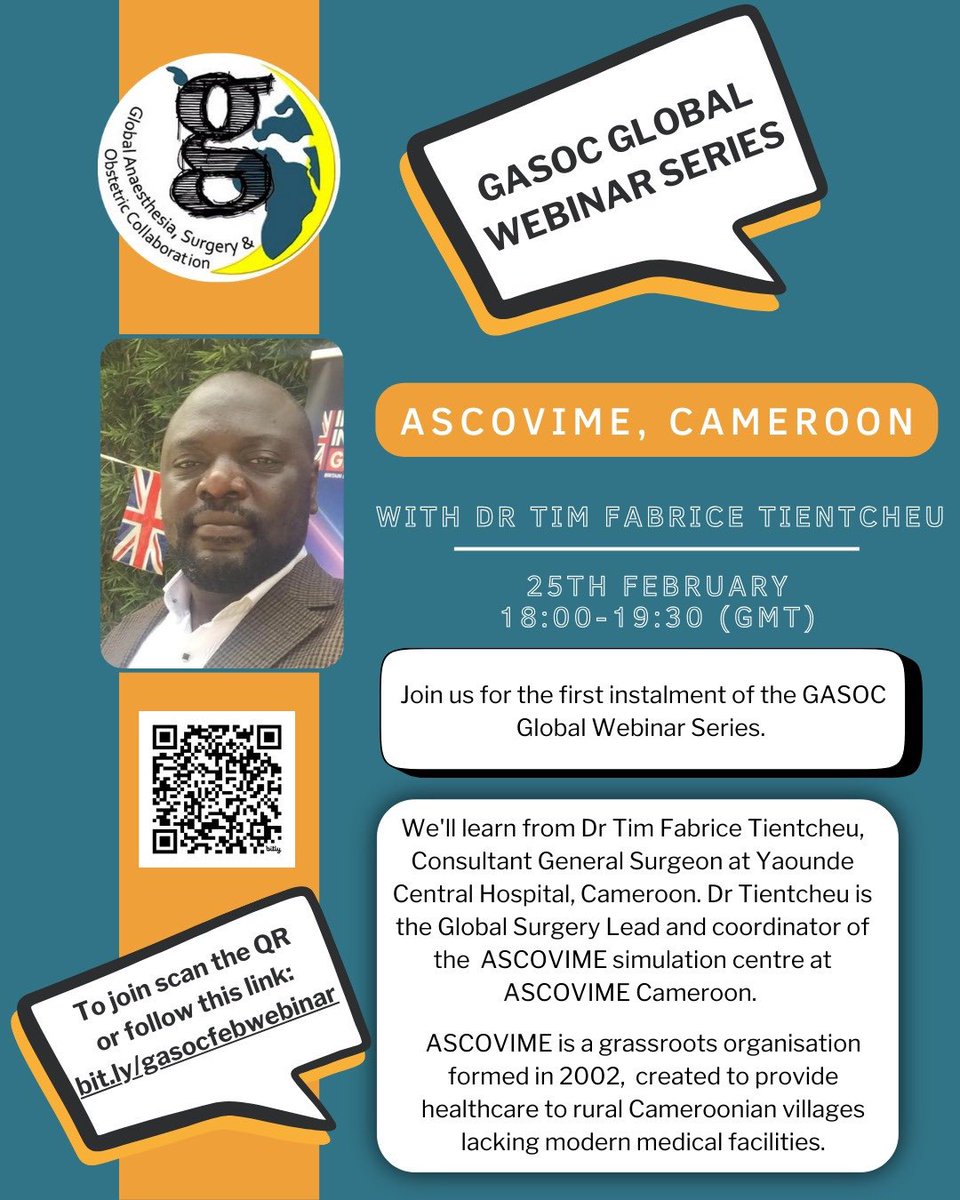 ‼️ GASOC’s First Global Webinar Series Of The Year 🌎🩺💉

Join us on the *25/2/25 at 6pm GMT* 👉 bit.ly/gasocfebwebinar

We'll hear from *Dr Tim Fabrice Tientcheu* (MD, MSc), Consultant General Surgeon at Yaounde Central Hospital, Cameroon!