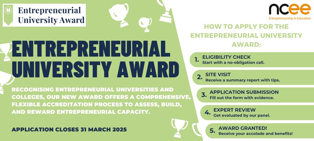 Helping universities lead in innovation and tackle big challenges. Join the NCEE Award to showcase your achievements and become part of a global network. Learn more &amp; apply today - next application window closes 31 March 2025: eu1.hubs.ly/H0gg-jB0

#EntrepreneurialUniversity