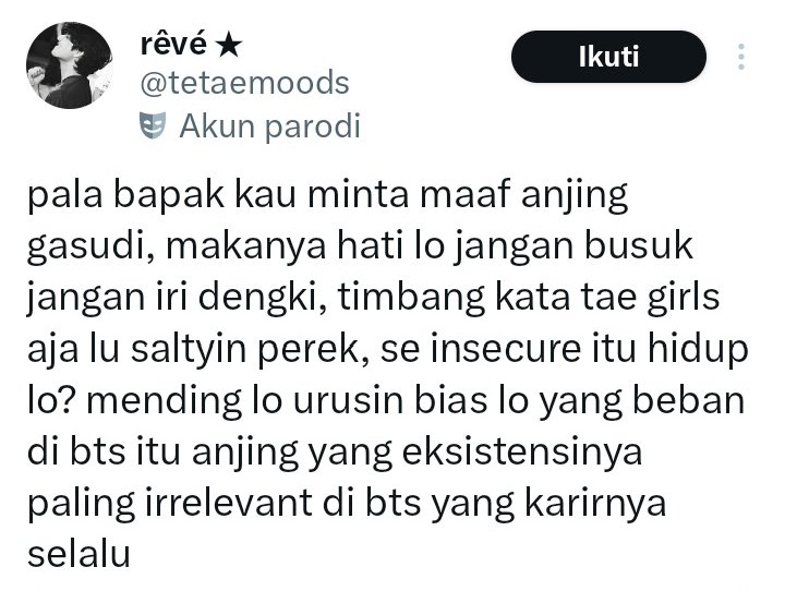 REPORT &amp; BLOCK ‼️‼️🚨

Tolong di Report and Block akun ini ya guys‼️Akun ini mengutarakan kebenciannya kepada stan member lain yang dikhawatirkan akan mengundang ujaran kebencian ke Taehyung

❌ Berinteraksi di akunnya
❌ Mention/tag akunnya

x.com/intent/user?sc…