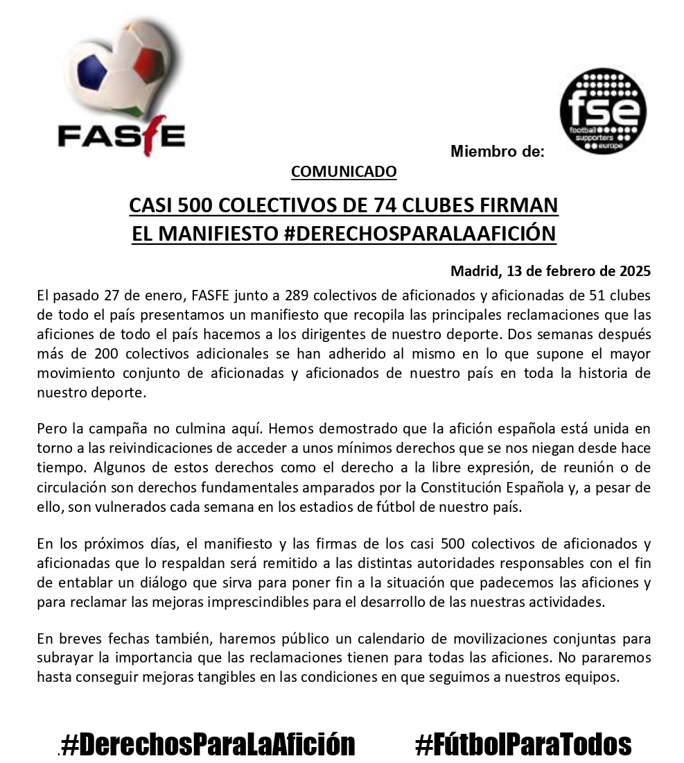 🗣📢 Casi 500 peñas y colectivos de 74 clubes han firmado ya el Manifiesto #DerechosParaLaAfición

🔗 Más info, incluyendo el texto del manifiesto y listado de firmas: fasfe.org/casi-500-colec…
🔗Si representas a un grupo, firma aquí: forms.gle/w7EJnMnWM8mfU5…

#FútbolParaTodos