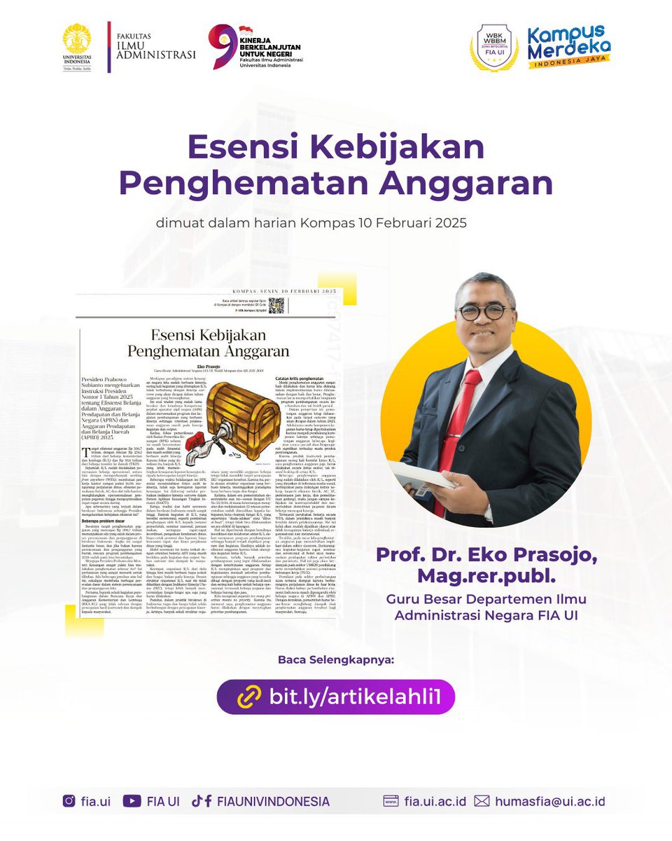 fia_ui's tweet image. [Artikel Esensi Kebijakan Penghematan Anggaran Prof. Dr. Eko Prasojo, Mag.rer.publ]

• Esensi Kebijakan Penghematan Anggaran
Baca Selengkapnya disini :
(bit.ly/artikelahli1)

#fiaui #Universitasindonesia #fiasuper