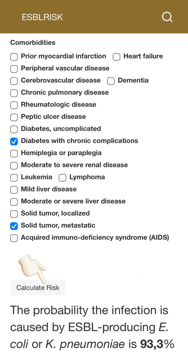 infeccHRUmalaga's tweet image. Cuánto RIESGO tiene tu 🫵🏻paciente COLONIZADO por BLEE de que la infección ACTUAL 🫁🚽🧠🩸sea por #Kpneumoniae o #Ecoli BLEE? Calcúlalo con la #CALCULADORA🧮 de 👉🏻esblrisk.com📸👇🏻‼️
Basada en publicación 📖@ASHE_Journal 🔗🆓cambridge.org/core/journals/…