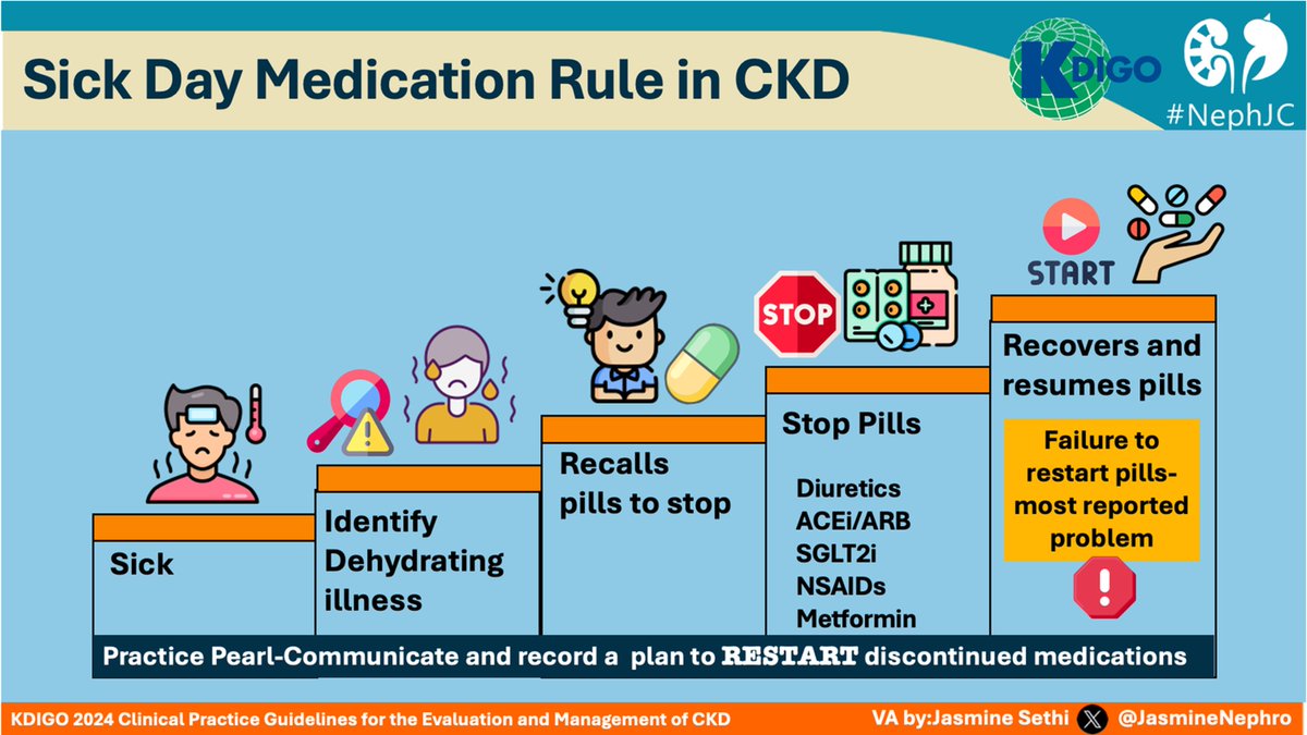 The Sick Day Protocol #CKD <a href="/goKDIGO/">KDIGO</a> <a href="/NephJC/">Nephrology Journal Club</a> infographic by <a href="/JasmineNephro/">Jasmine Sethi</a>