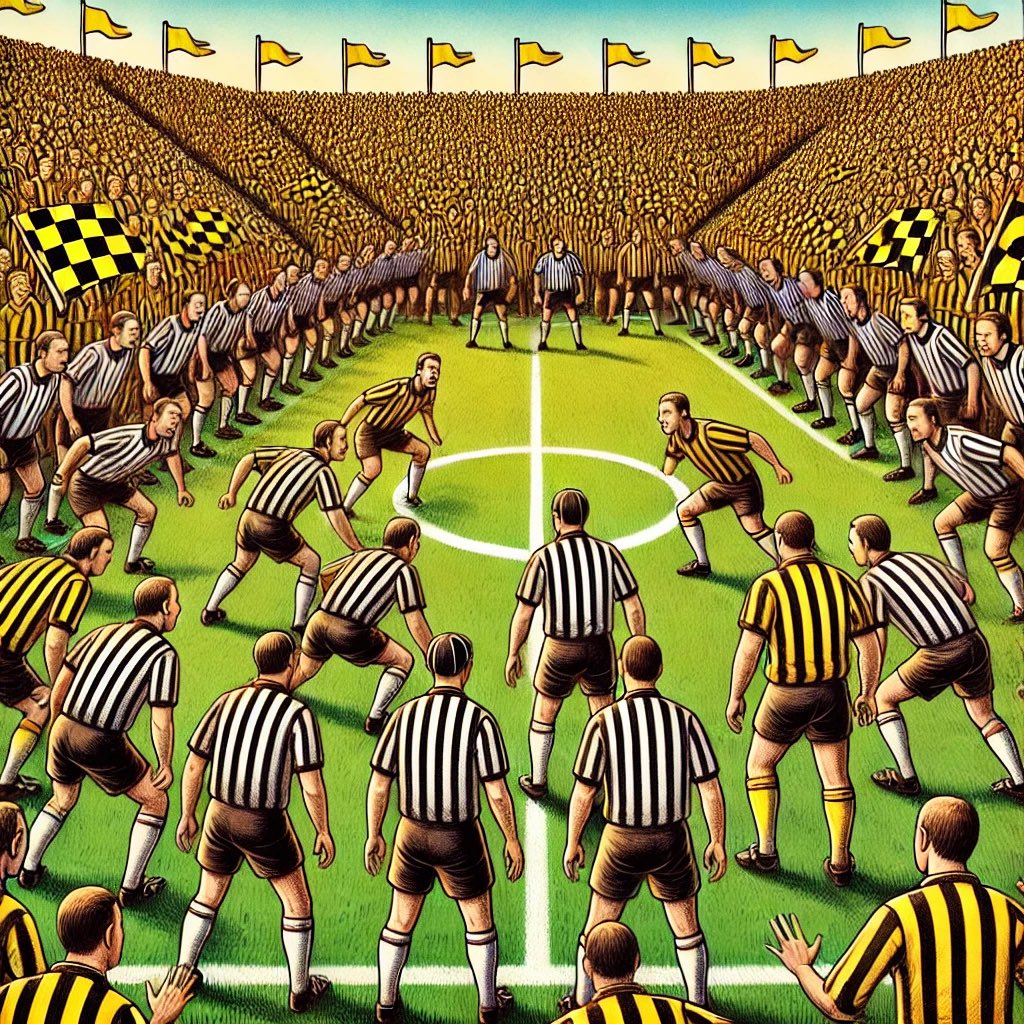 OverkillKulture's tweet image. Too many refs making the game impossible to play! At this rate, it’s just a whistle-blowing competition. 🚨⚡ #Overregulation #LessIsMore