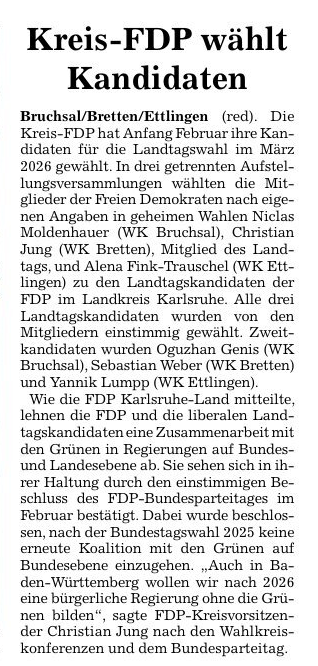 FDP_KA_Land's tweet photo. BNN vom 13.2.2025. FDP will keine Zusammenarbeit mit den Grünen in Landes- und Bundesregierung! https://t.co/21TeI9bhHA
