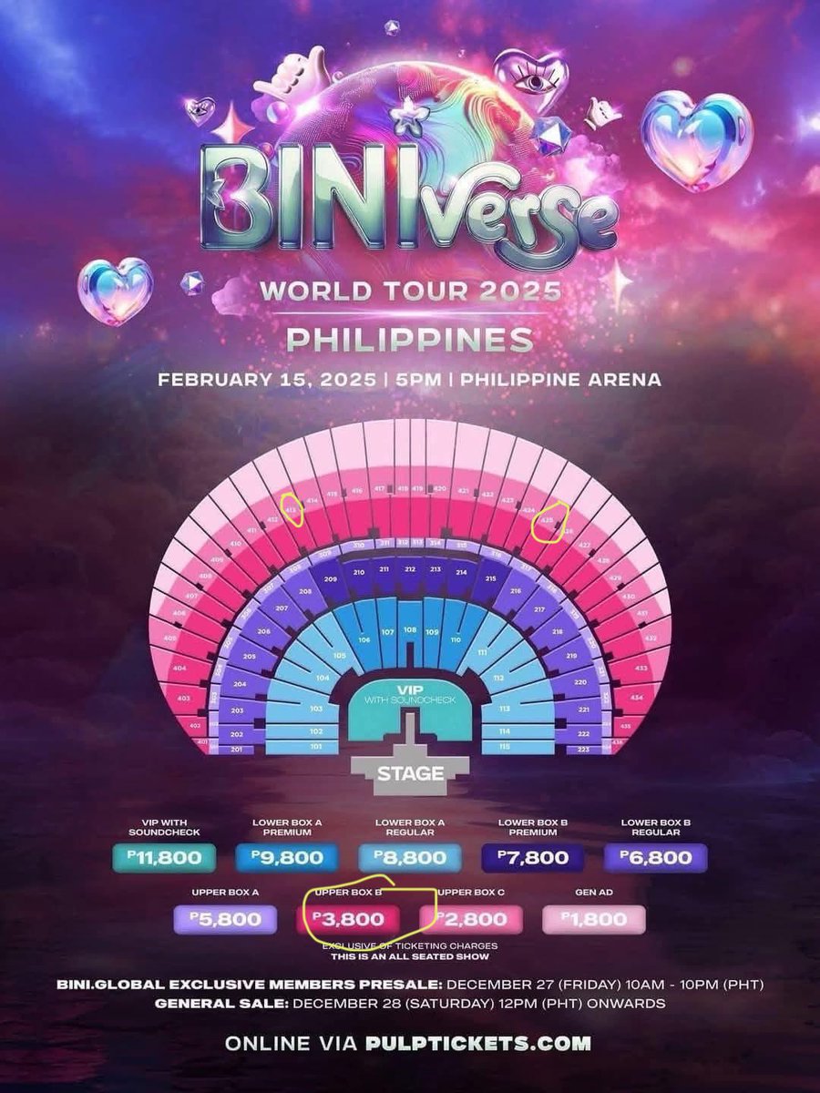 SELLING BINIVERSE CONCERT TICKET

(2) UPPER BOX B SEC 425
(1) UPPER BOX B SEC 413

₱3,000 EACH NA LANG 
PWEDE RIN INSTALLMENT/TWO GIVES PERO SUBJECT TO CHECKING NG ACC AND ID

Will provide all the necessary documents needed. 

Bilhin nyo na please 🥺 

#BINIVerseWorldTour2025
