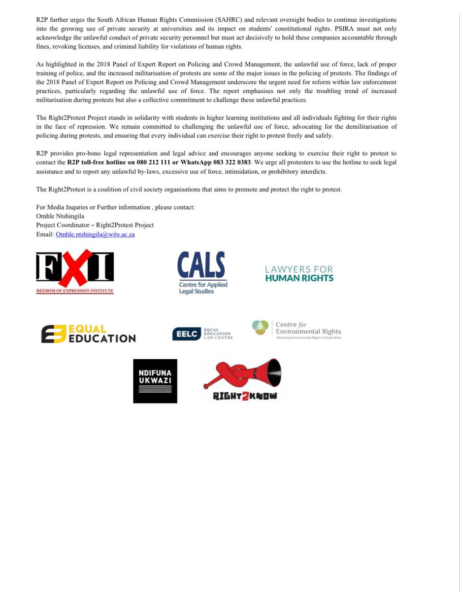 ProtestZa's tweet image. 🚨 Right2Protest condemns the brutality of private security in higher learning institutions across South Africa. We call on @SAPoliceService and @SAHRCommission to ensure accountability for these violations.

📢 Read our full statement below: ⬇️ #Right2Protest #EndRepression