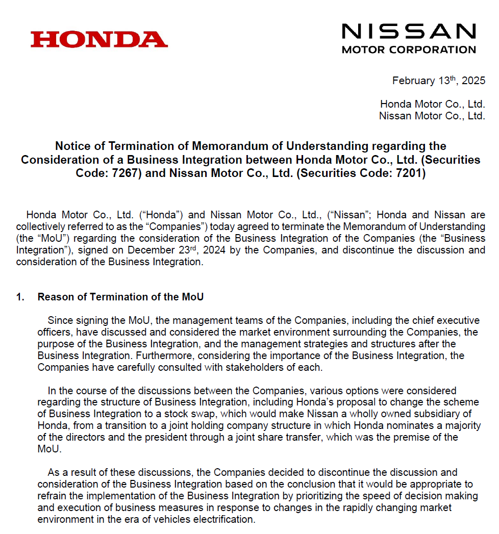The Honda-Nissan merger is officially off. 

Good luck, Nissan, you'll need it.