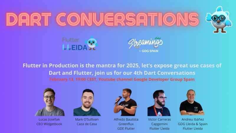 Victor (@vicajilau) on Twitter photo 🚀 Next Dart Conversations is coming!
Mark your calendars! This Thursday, February 13, at 19:00 GMT+1, we’re diving into another Dart Conversations. youtube.com/watch?v=FrTtJ9… with <a href="/FlutterDev/">Flutter</a>, <a href="/FlutterLleida/">FlutterLleida</a> , <a href="/widgetbook_io/">Widgetbook</a>, <a href="/MarkOSullivan94/">Mark O'Sullivan</a> 🚀 Next Dart Conversations is coming!
Mark your calendars! This Thursday, February 13, at 19:00 GMT+1, we’re diving into another Dart Conversations. youtube.com/watch?v=FrTtJ9… with <a href="/FlutterDev/">Flutter</a>, <a href="/FlutterLleida/">FlutterLleida</a> , <a href="/widgetbook_io/">Widgetbook</a>, <a href="/MarkOSullivan94/">Mark O'Sullivan</a>