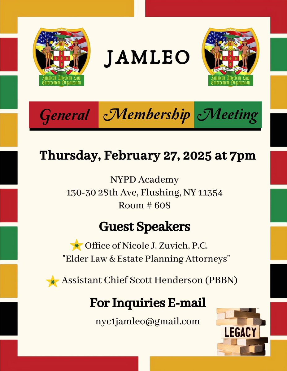 General Membership Meeting🚨
Thursday, February 27 at 7pm we will have the pleasure of hearing from our guest speakers: Office of Nicole J. Zuvich, P.C.
"Elder Law &amp; Estate Planning Attorneys" and Assistant Chief Scott Henderson (PBBN), <a href="/NYPDBklynNorth/">NYPDBrooklynNorth</a> .
See you there !!