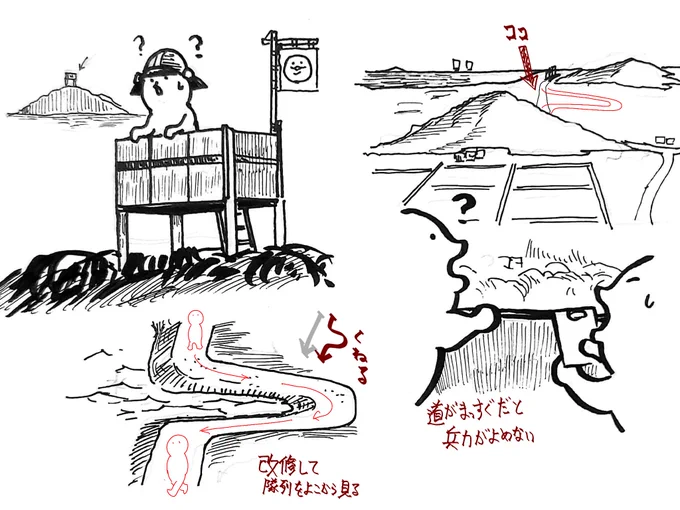 単体のお城の堅さと使いやすさって取り合い問題になりそう。松山城(愛媛)とかは城から兵力を見積もるために城から遠くの道を意図的に曲げたりしてるらしいけど、測量も無い時代にそういう図面を引くのはスゴイ大変そう。 
