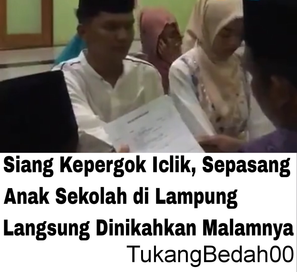 Sepasang anak sekolah di Lampung Timur ketahuan sedang berhubungan layaknya suami istri waktu siang hari.

Pas malamnya mereka langsung dinikahkan.

Putus sekolah + nikah muda + video viral, tebak kehidupan mereka selanjutnya?