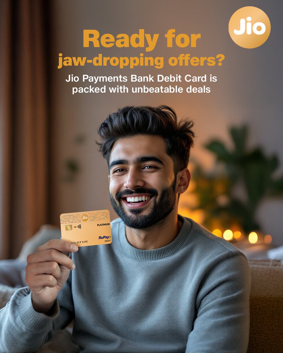 JioFinance1's tweet photo. Unlock exclusive deals with the Jio Payments Bank Debit Card! Enjoy unbeatable discounts on fashion, food &amp; more. 
Open a Savings Account on the JioFinance App &amp; get your FREE virtual debit card.

#JioFinance #VirtualDebitCard #BankOffers #DigitalIndia https://t.co/zbevJmwGtc