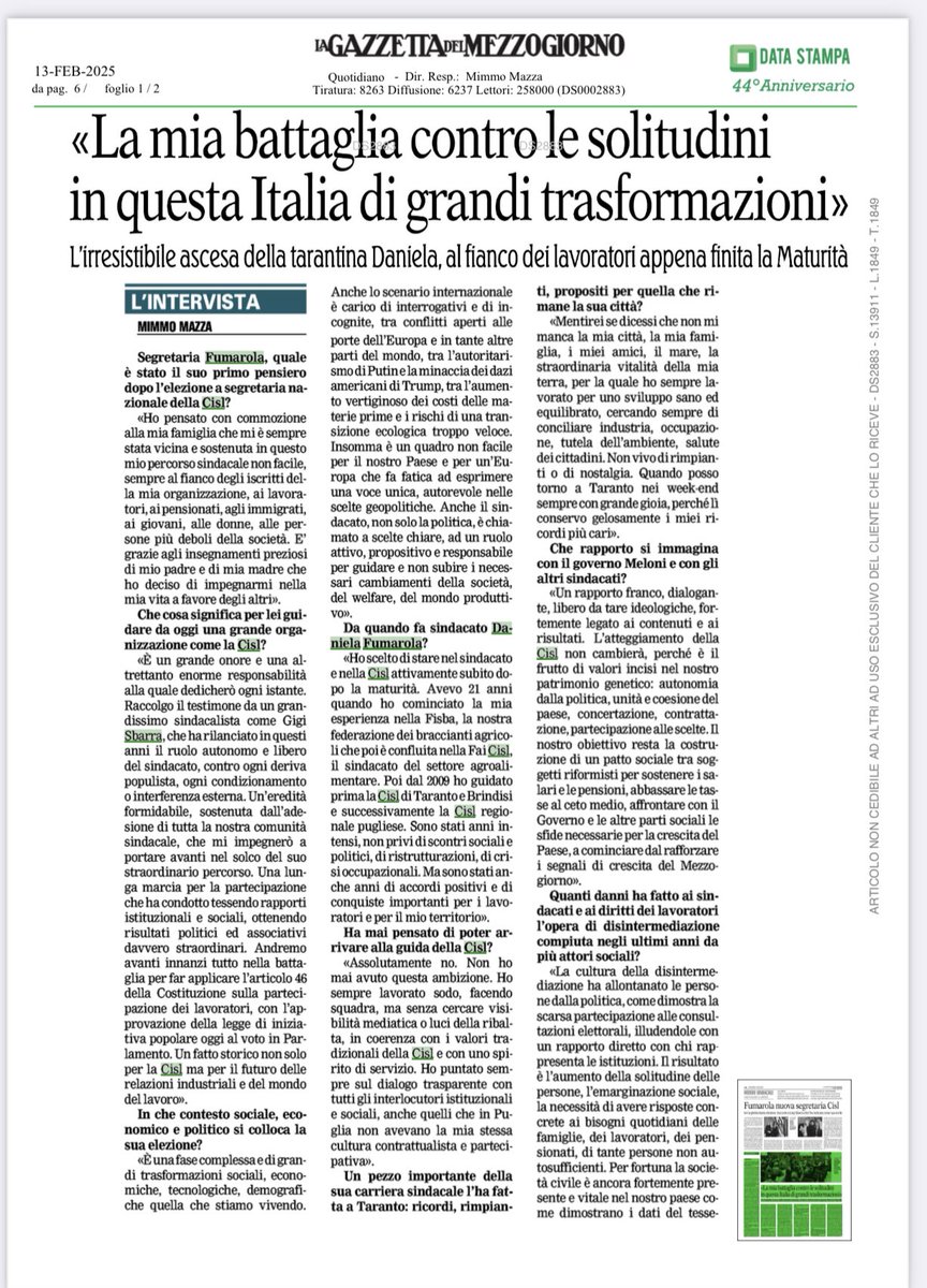 CislNazionale's tweet photo. #DanielaFumarola alla Gazzetta del mezzogiorno: “Guidare una grande organizzazione come la Cisl é un grande onore e una altrettanto enorme responsabilità alla quale dedicherò ogni istante. Raccolgo il testimone da un grandissimo sindacalista come Gigi Sbarra che ha rilanciato in questi anni il ruolo autonomo e libero del sindacato, contro ogni deriva populista, ogni condizionamento o interferenza esterna. Un’eredità formidabile, sostenuta dall’adesione di tutta la nostra comunità sindacale, che mi impegnerò a portare avanti nel solco del suo straordinario percorso”.