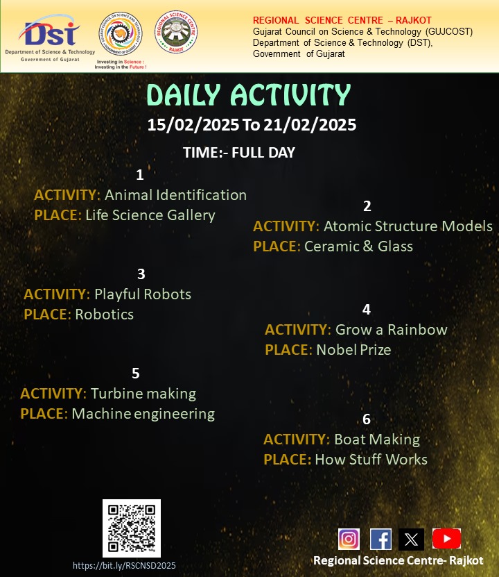 RSCRajkot's tweet photo. SCIENCE FRENZY ALERT! @RSCRajkot's #ScienceMonth celebrations are in full swing! It's a perfect opportunity to learn, explore & innovate! Stay tuned for the 3rd week of exciting #activities,#workshops & #scientificevents! #ScienceMonth #RSCRajkot #NCSTC. https://t.co/Z4Smg4k87m