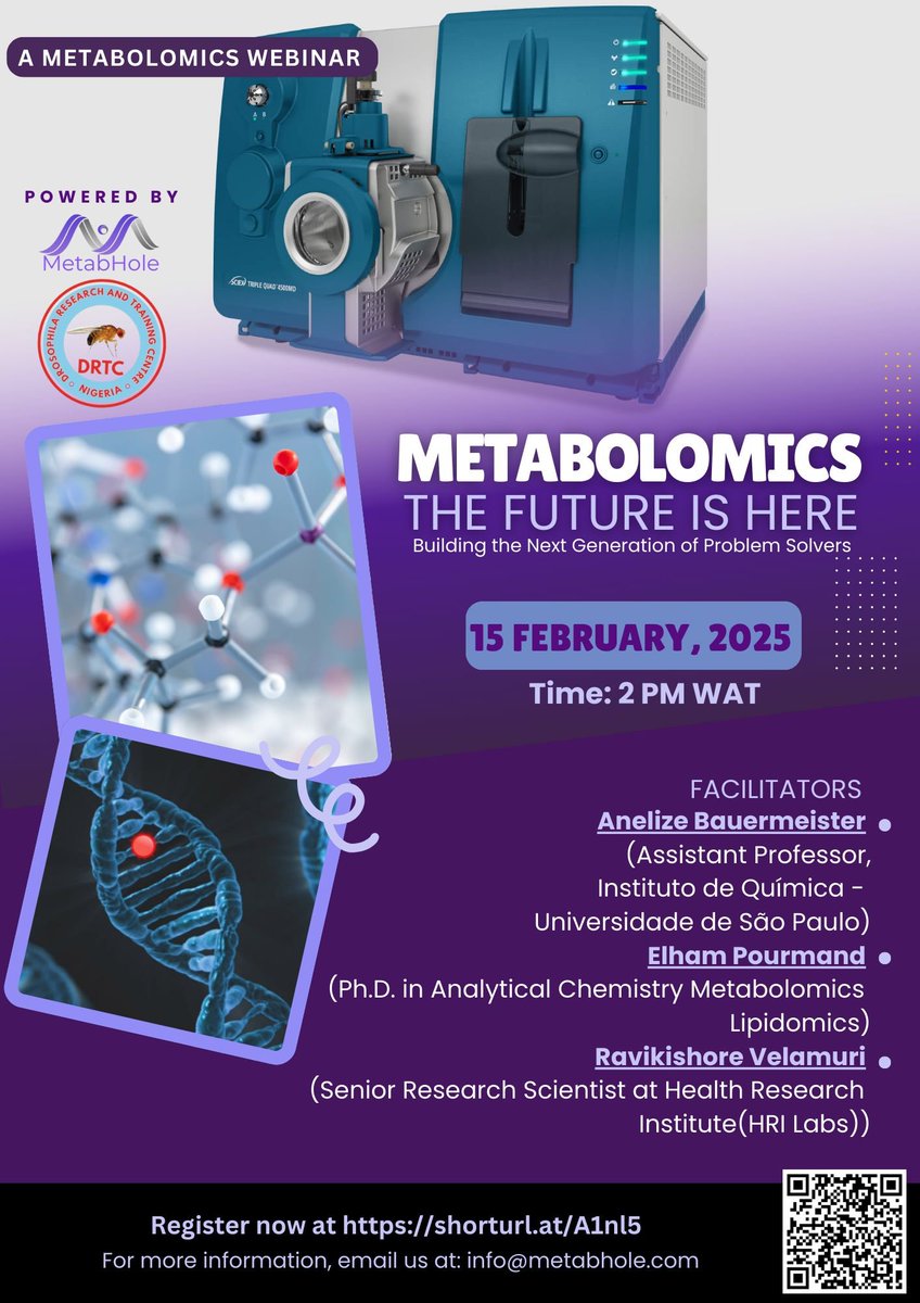 DrosophilaRTC's tweet image. Reminder:  Join @metabhole  and @DrosophilaRTC for the #Webinar on #Metabolomics.
Date: Saturday 15 February, 2025. 
Registration Link: form.jotform.com/250255828751158