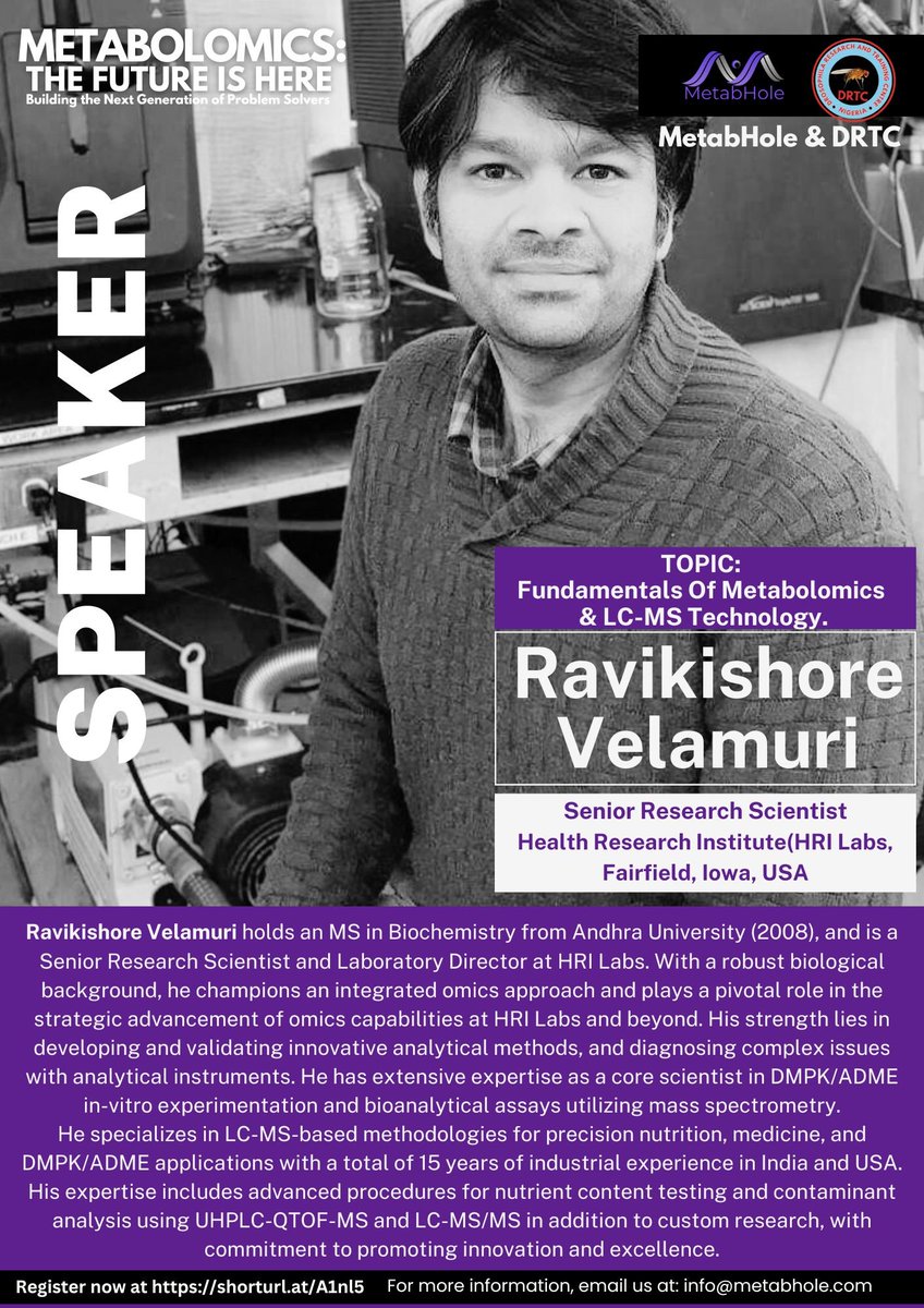 DrosophilaRTC's tweet image. Reminder:  Join @metabhole  and @DrosophilaRTC for the #Webinar on #Metabolomics.
Date: Saturday 15 February, 2025. 
Registration Link: form.jotform.com/250255828751158