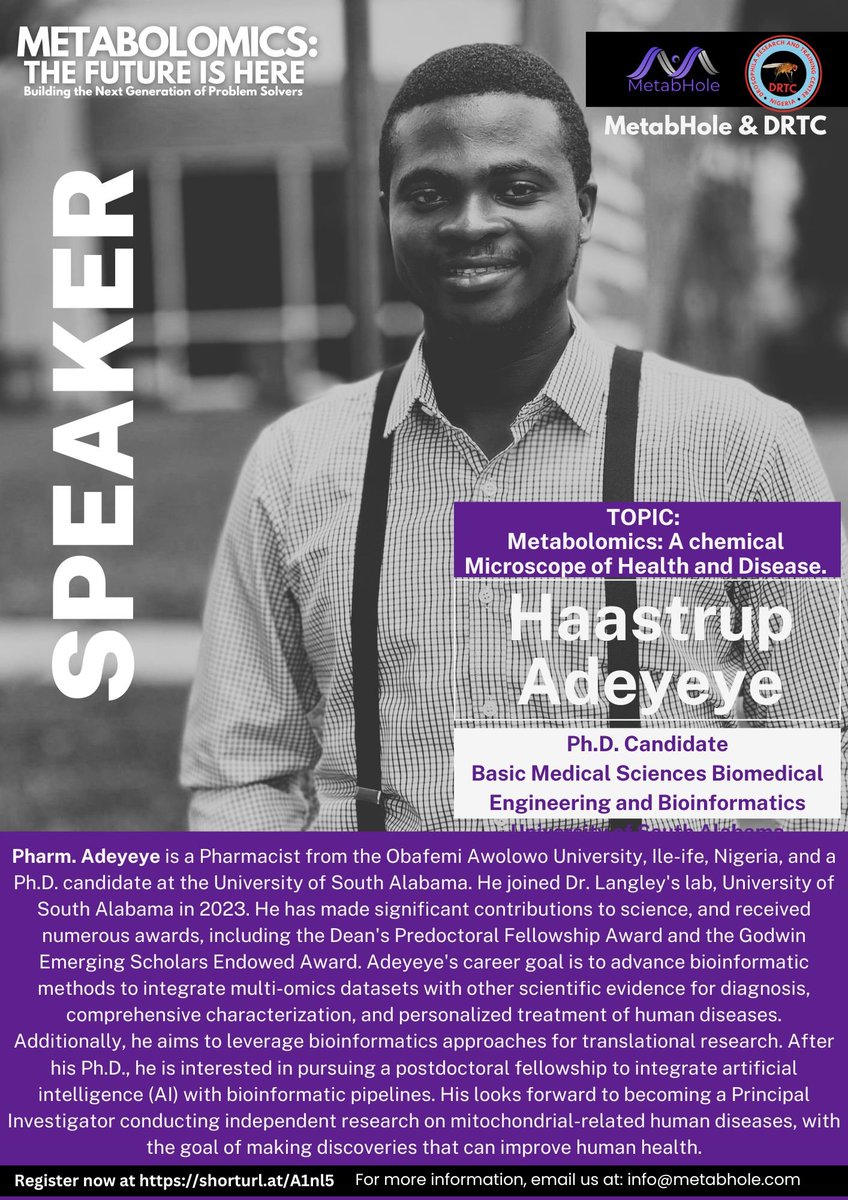 DrosophilaRTC's tweet image. Reminder:  Join @metabhole  and @DrosophilaRTC for the #Webinar on #Metabolomics.
Date: Saturday 15 February, 2025. 
Registration Link: form.jotform.com/250255828751158