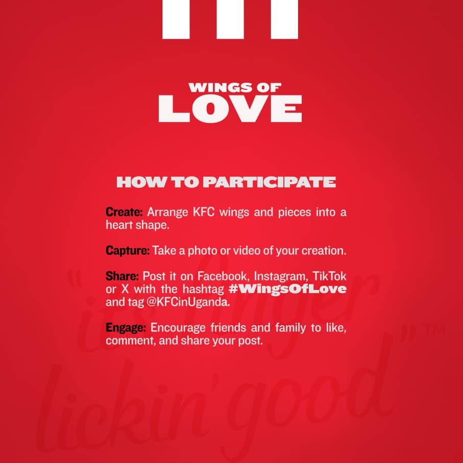 KFCinUganda's tweet photo. Show us your talent🥳
Recreate a heart using KFC wings, fries, and pieces. Share your creation with #WingsOfLove and tag us to stand a chance to win an 11-piece Kentucky Bucket this Valentine's Day https://t.co/nTuQCSQaKl