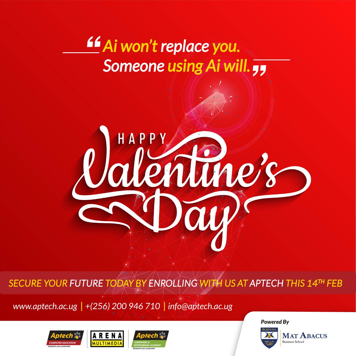 🌹 Happy Valentine’s Day! ❤️
AI won’t take your job, but someone using AI might!
This Valentine’s Day, invest in your future with Aptech.
Enroll for AI courses at Aptech Uganda and future-proof your career.
📞 +256 200 946 710 | 🌐 aptech.ac.ug

#HappyValentinesDay #AI