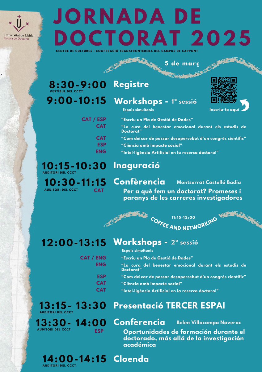 L’Escola de <a href="/DoctoratUdL/">ED Doctorat UdL</a> us convida a la XI Jornada de Doctorat de la Universitat de Lleida <a href="/UdL_info/">Universitat de Lleida (UdL)</a> 
🗓️05/03/2025 De 9h a 14h
🗺️Campus de Cappont
Centre de Cultures i Cooperació Transfronterera 
🫂Us hi esperem !