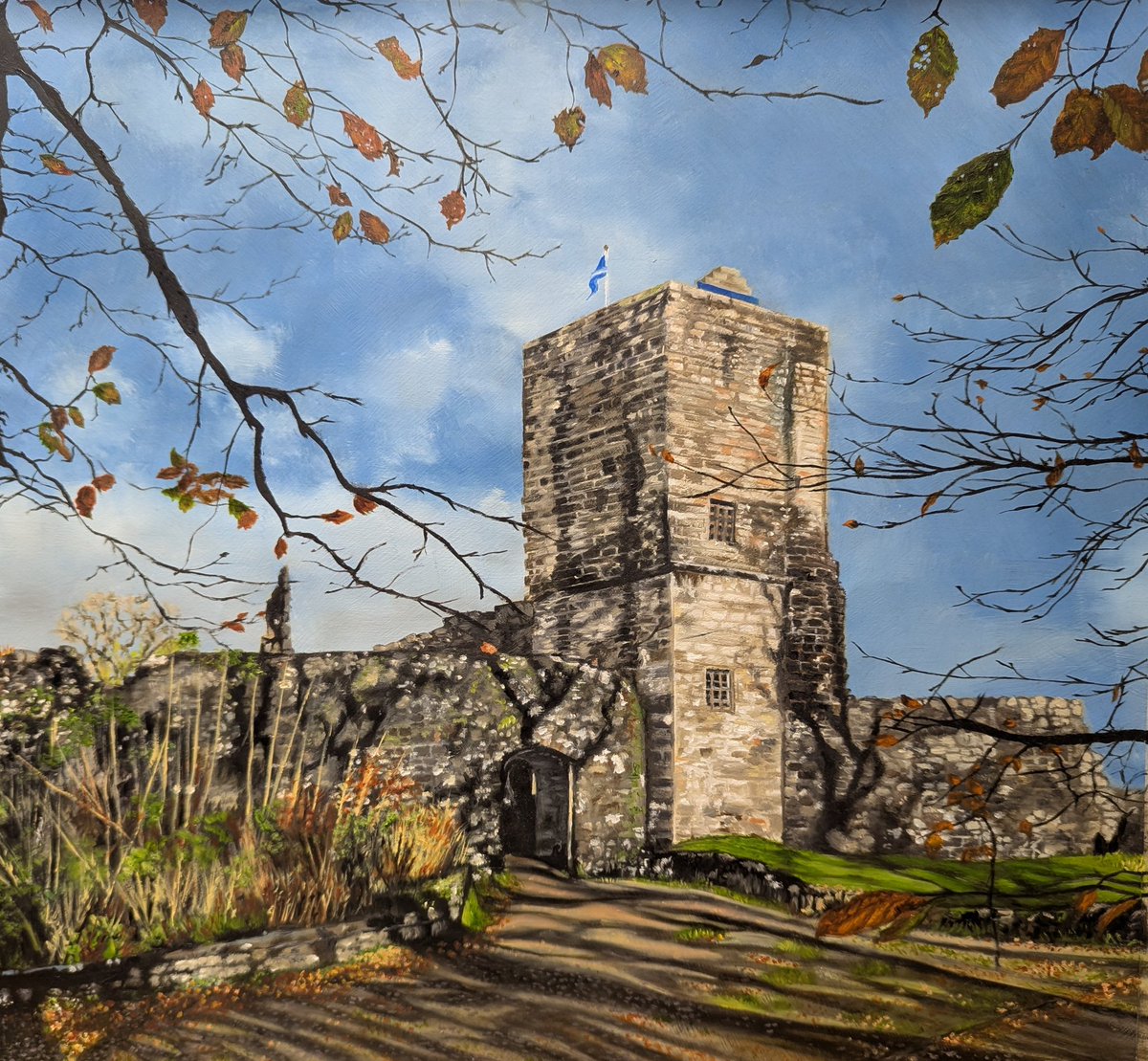 I'm coming off X for various reasons. If you followed me for my art and furniture work, I'm on Instagram: atomicdesigns1. Here's my most recently completed painting of Mugdock Castle. Hope to see you all elsewhere.