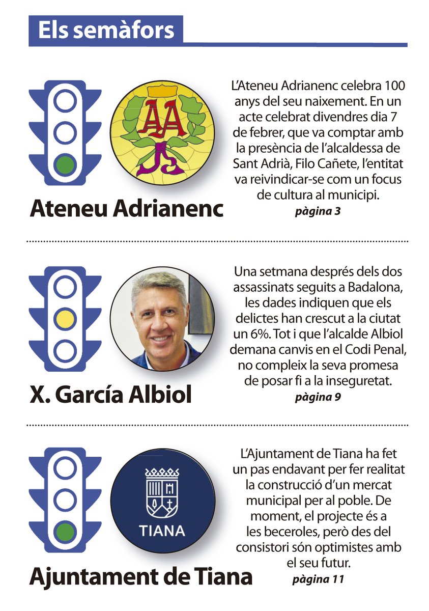 🚦 Dos verds i un groc als semàfors del #LíniaNord

🟢 Per a l'<a href="/AteneuAdrianenc/">AteneuAdrianenc</a>, que està de celebració perquè fa 100 anys
🟠 Per a X. García Albiol, que no compleix amb les promeses d'aplacar la inseguretat
🟢 Per a l'<a href="/Aj_Tiana/">Ajuntament de Tiana</a> i l'avenç en la construcció d'un mercat municipal